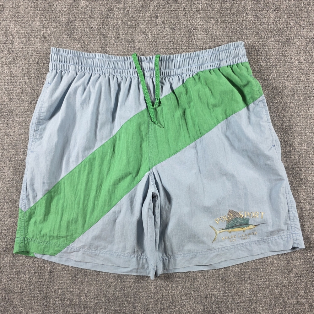 POLO SPORT 66% COTTON NYLON SWIM SHORTS BLUE GREEN SAILFISH 32W